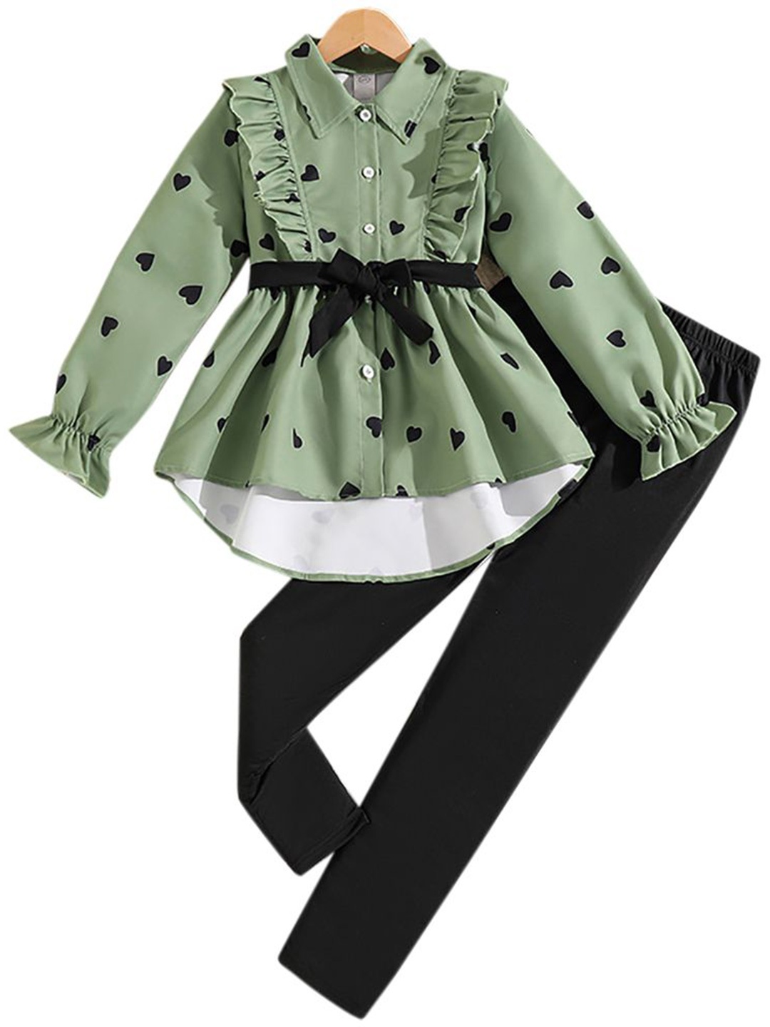 

StyleCast x Revolte Girls Printed Shirt Collar Long Sleeves Top With Legging, Green