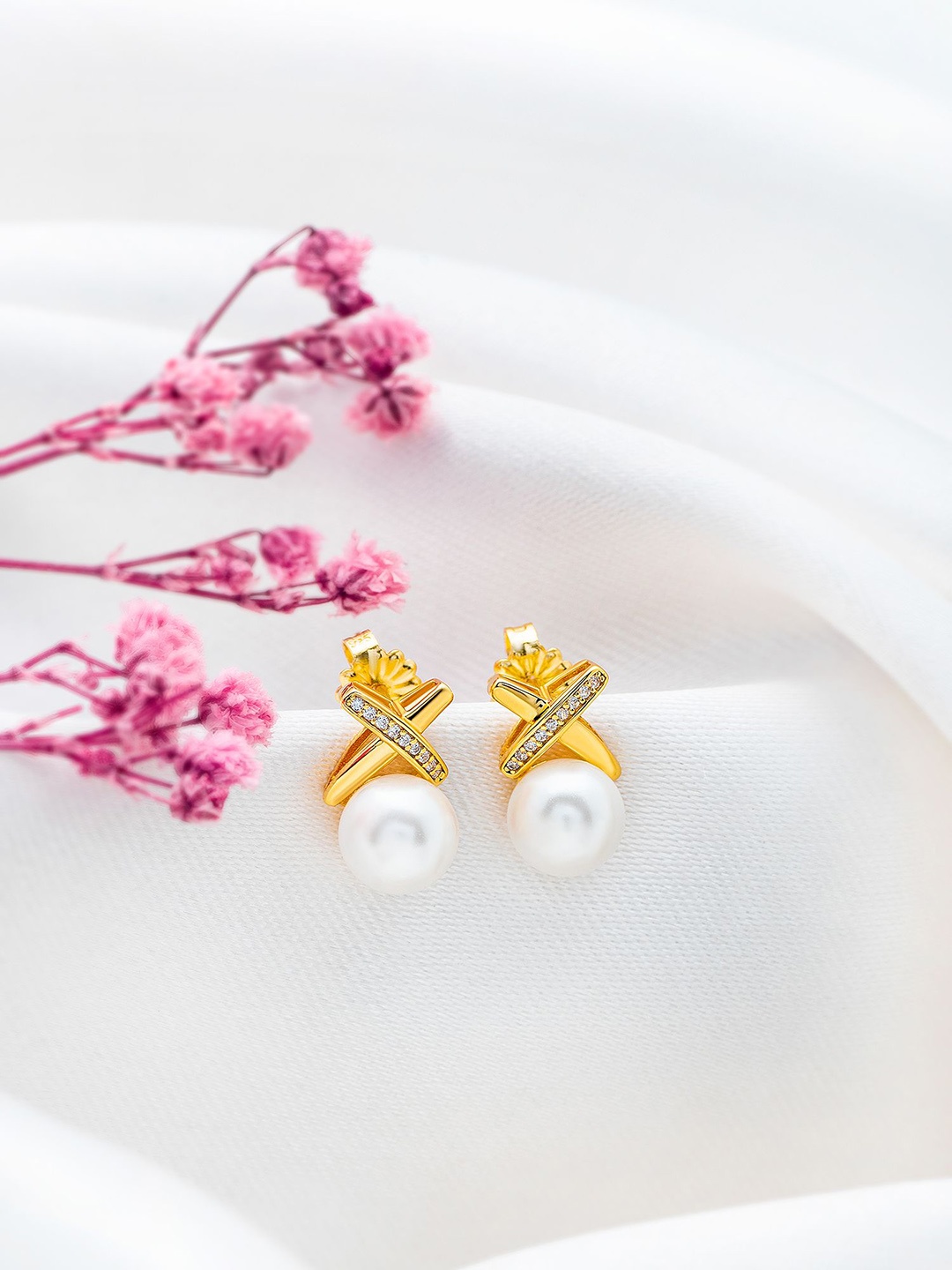 

SILBERRY 18k Gold Plated 925 Sterling Silver Contemporary Cubic Zirconia & Pearls Studs