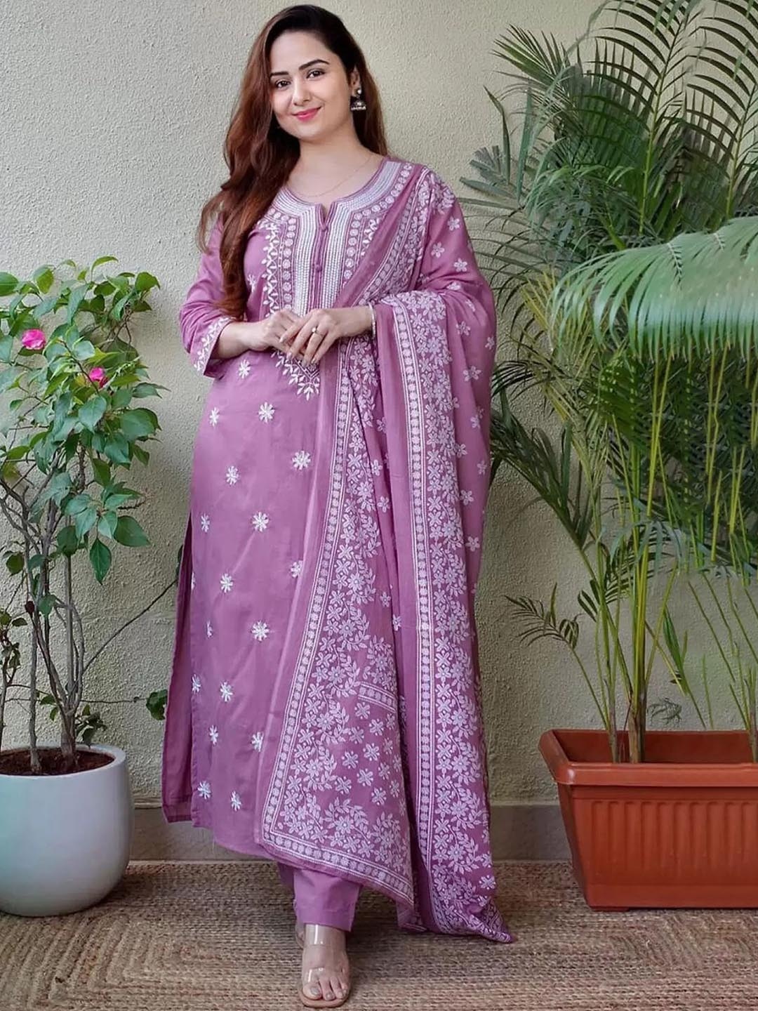 

Royal Export Floral Embroidered Thread Work Kurta with Trouser & Dupatta, Purple