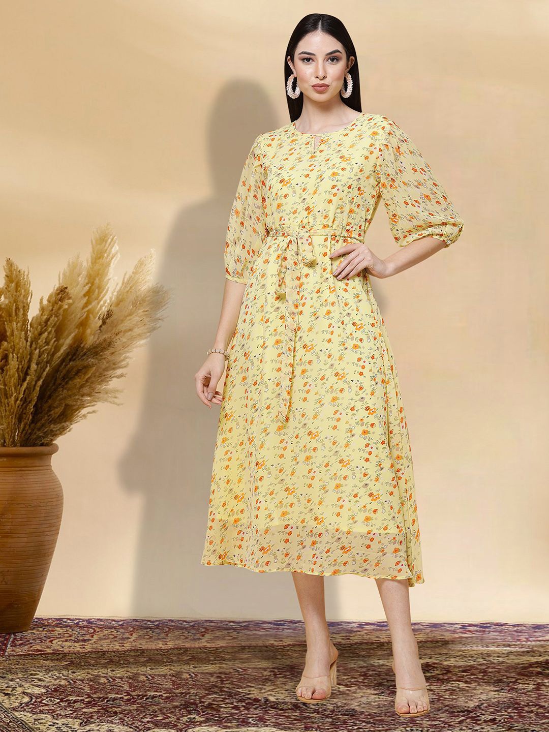 

BAESD Floral Print Applique Fit & Flare Dress, Yellow