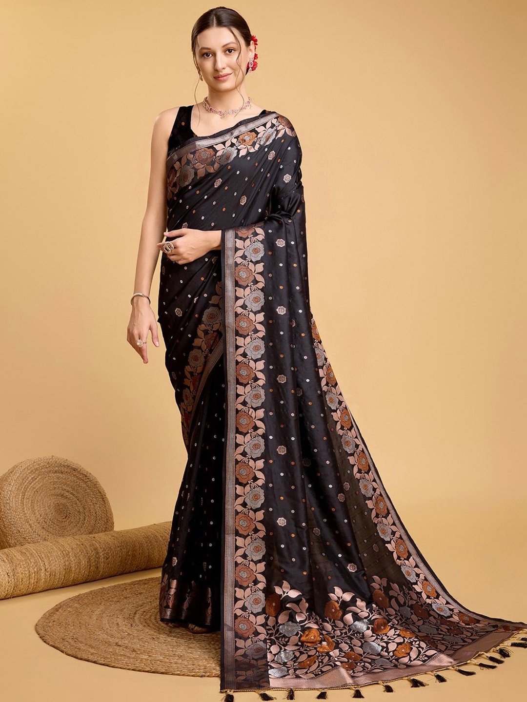 

SHOBHA SAREES Ethnic Motifs Zari Pure Silk Banarasi Saree, Black