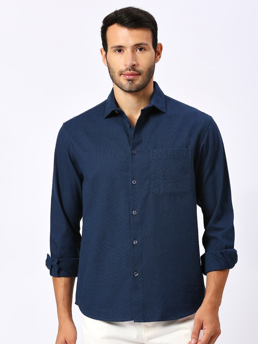 

Basics Men Opaque Solid Cotton Casual Shirt, Navy blue