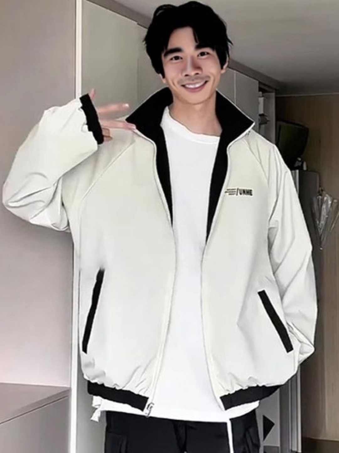 

HERE&NOW Men Mock Collar Typography Printed Casual Bomber Jacket, White