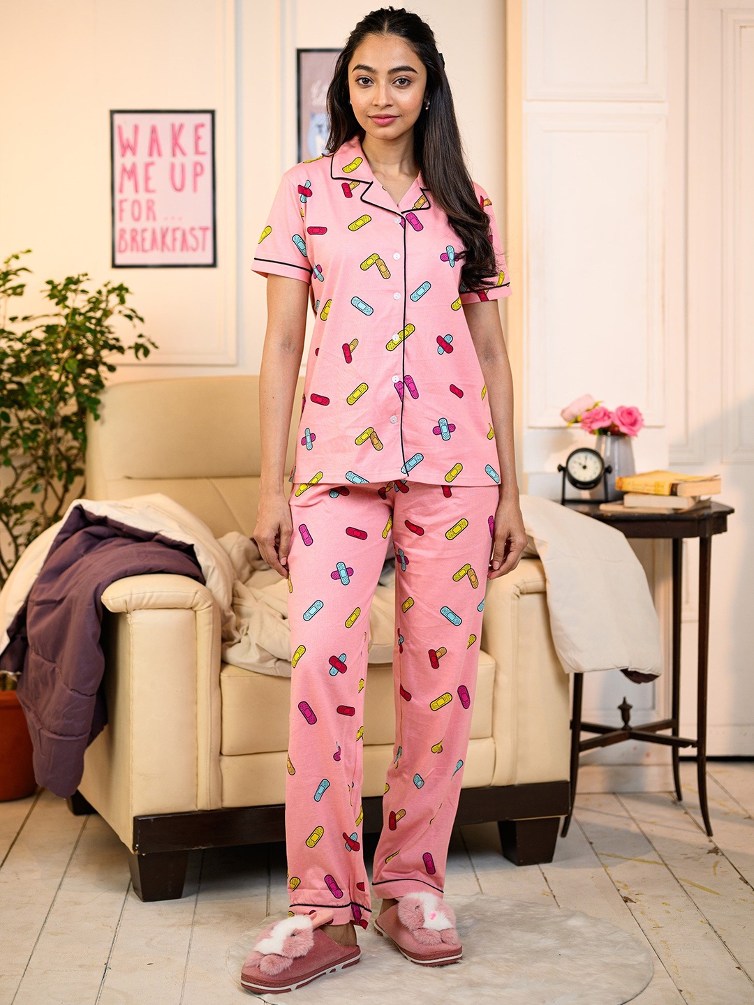 

NAP STORY Bandage Printed Shirt & Pyjama Nightsuit, Pink