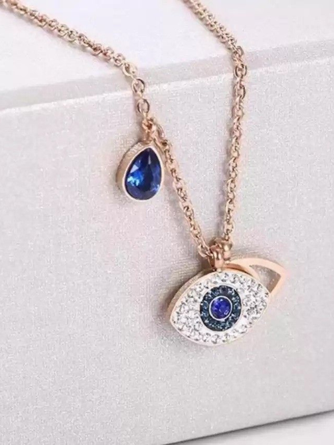 

Wynona Rose Gold-Plated Stainless Steel Stone Studded Evil Eye Shaped Pendant & Chain