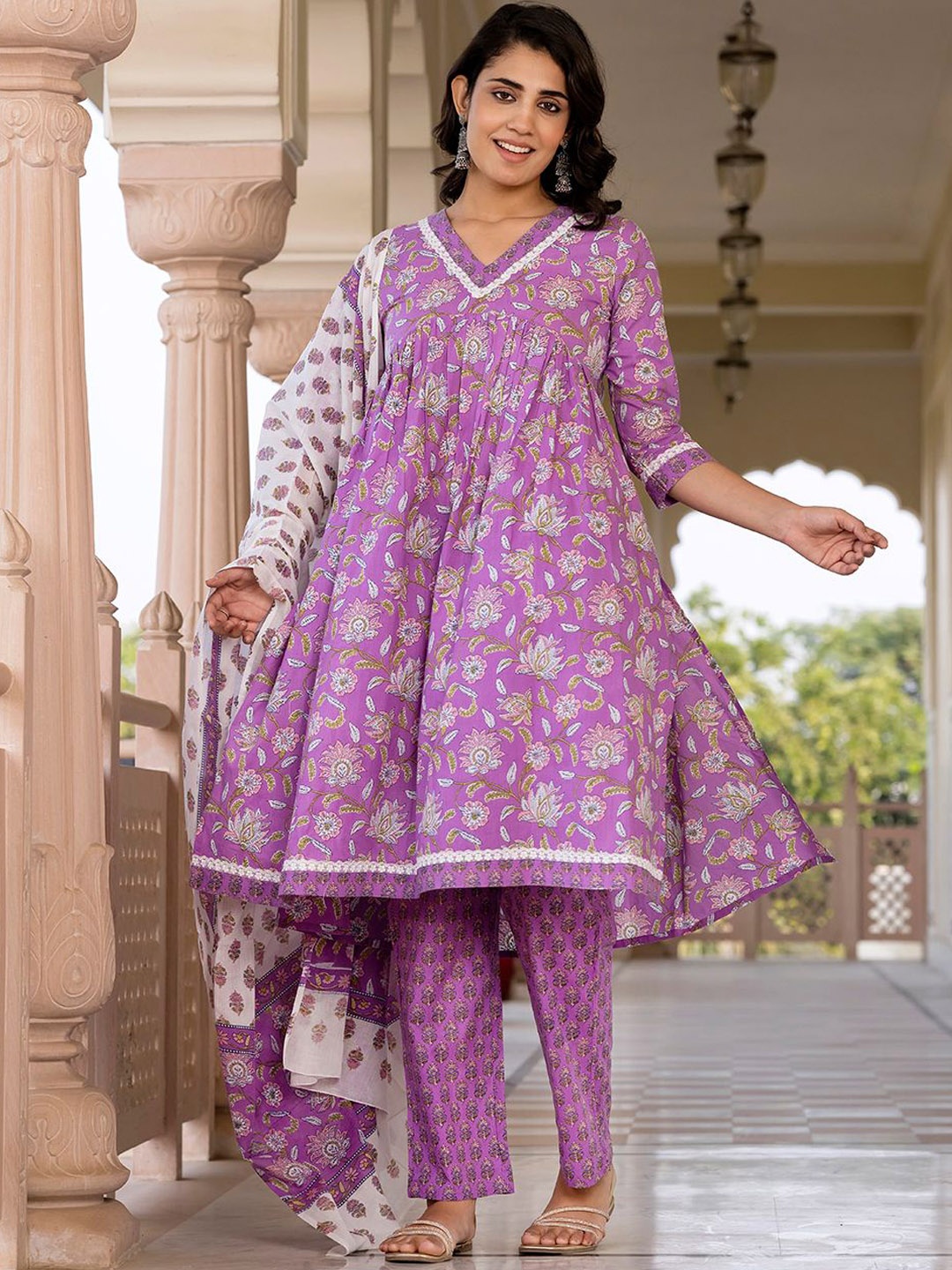 

KALINI Floral Printed Gotta Patti Pure Cotton A-Line Kurta With Trouser & Dupatta, Purple