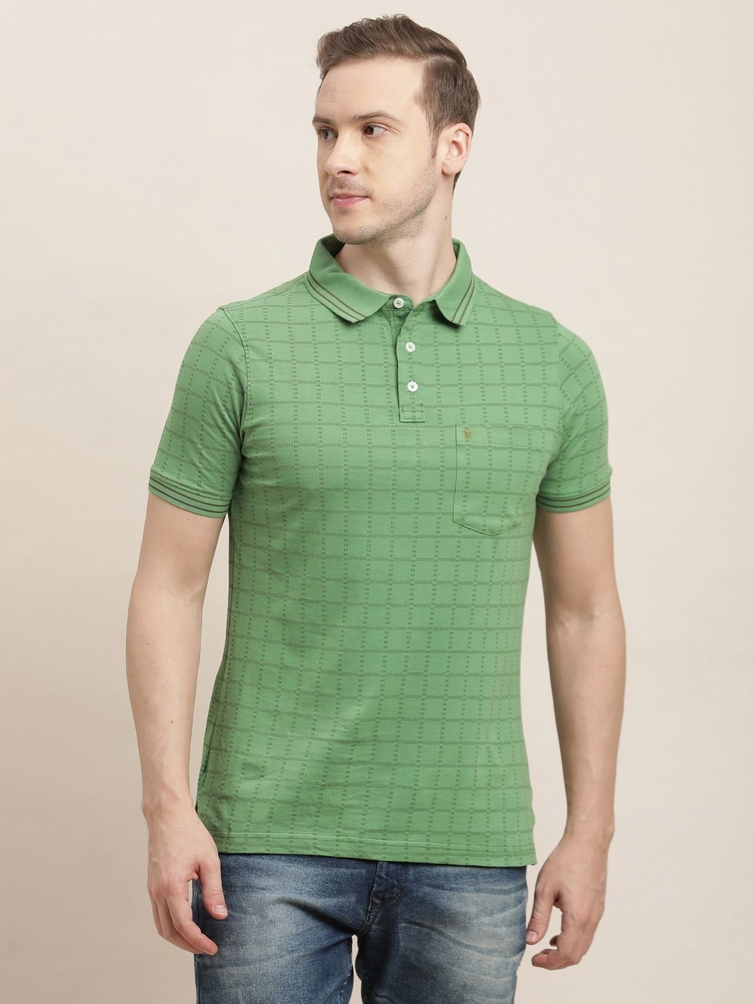 

Turtle Men Checked Polo Collar Pure Cotton Slim Fit T-shirt, Green