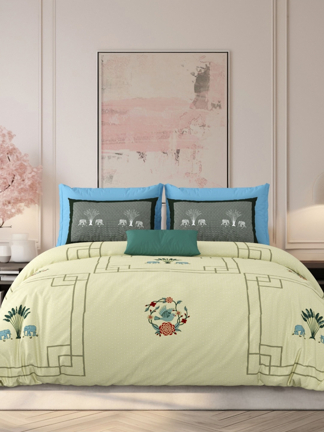 

LIVING ROOTS Yellow & Red Floral 210 TC King Bedsheet with 2 Pillow Covers