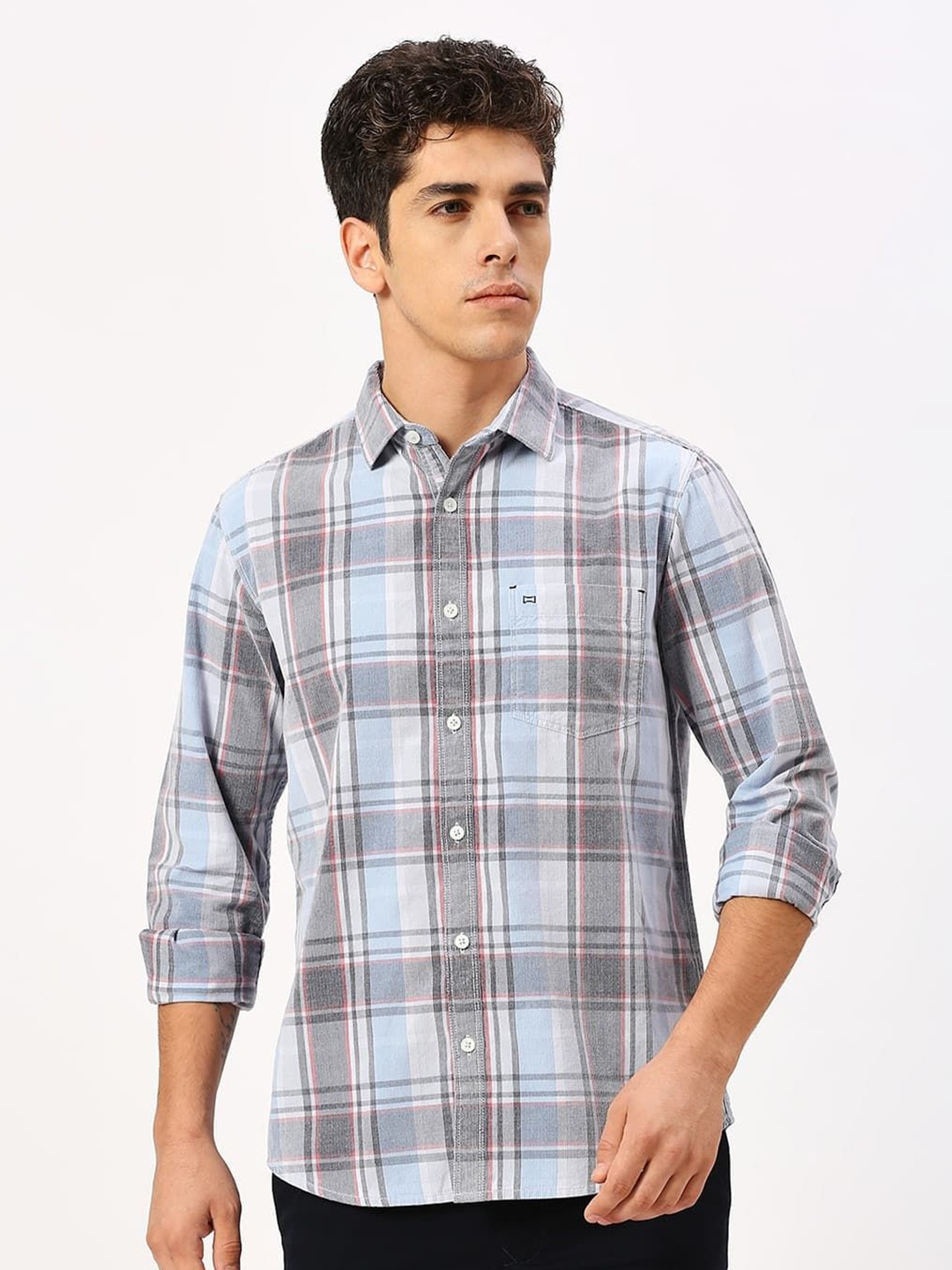 

Basics Men Slim Fit Checked Casual Pure Cotton Shirt, Blue