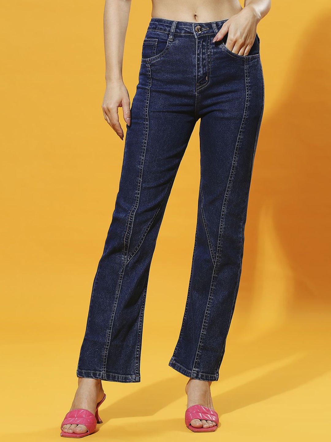 

HERE&NOW Women High-Rise Low Distress Jeans, Blue