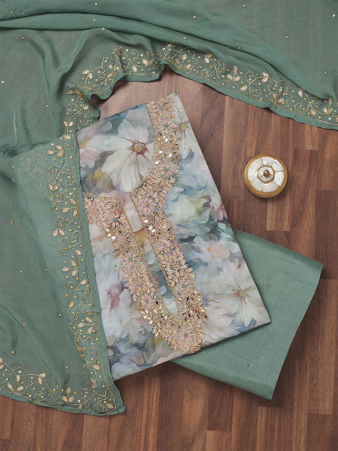 

Koskii Floral Embellished Beads and Stones Tissue Unstitched Dress Material, Green