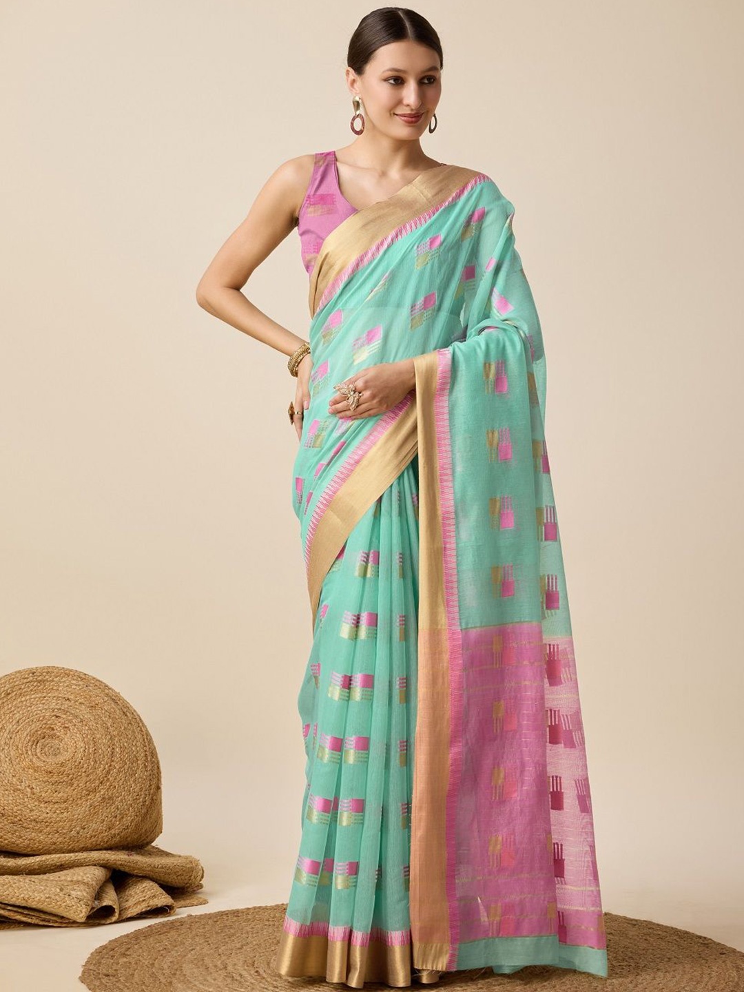 

SHOBHA SAREES Woven Design Zari Silk Cotton Kota Saree, Turquoise blue