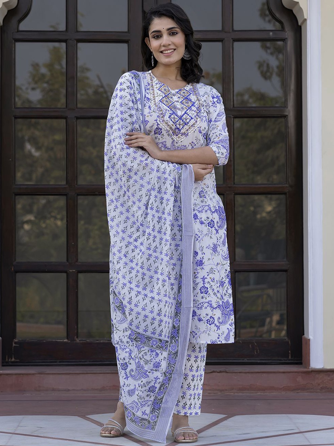 

KALINI Paisley Printed Zari Pure Cotton Straight Kurta With Trouser & Dupatta, Blue