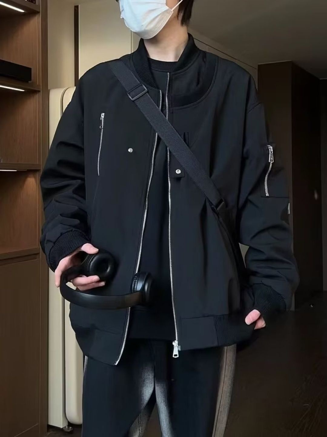 

HERE&NOW Men Stand Collar Solid Casual Bomber Jacket, Black