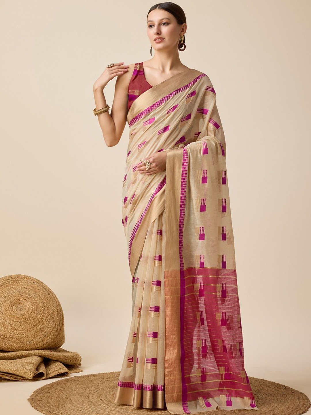 

SHOBHA SAREES Woven Design Zari Silk Cotton Kota Saree, Beige