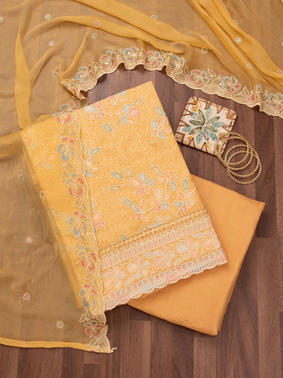 

Koskii Floral Embroidered Thread Work Unstitched Dress Material, Yellow