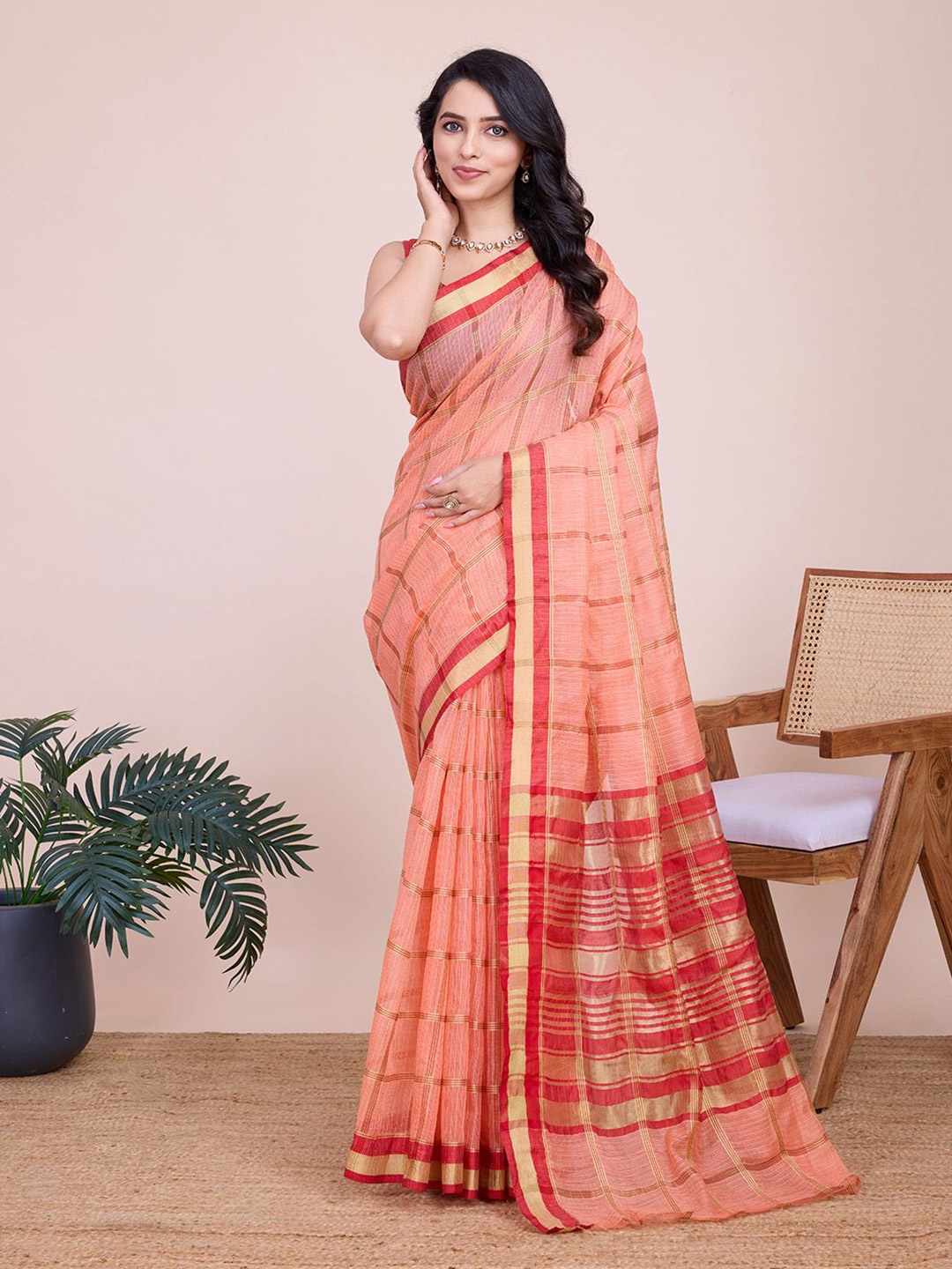 

LEOSAGI Woven Design Zari Silk Cotton Kota Saree, Peach