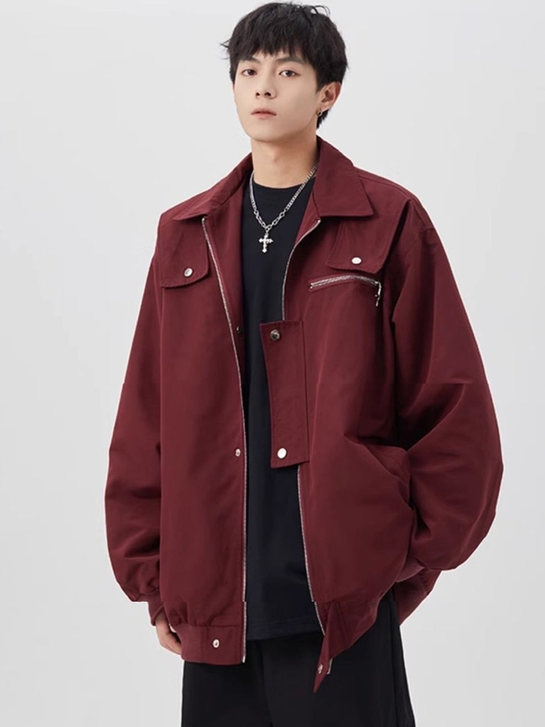 

HERE&NOW Men Spread Collar Solid Casual Bomber Jacket, Red