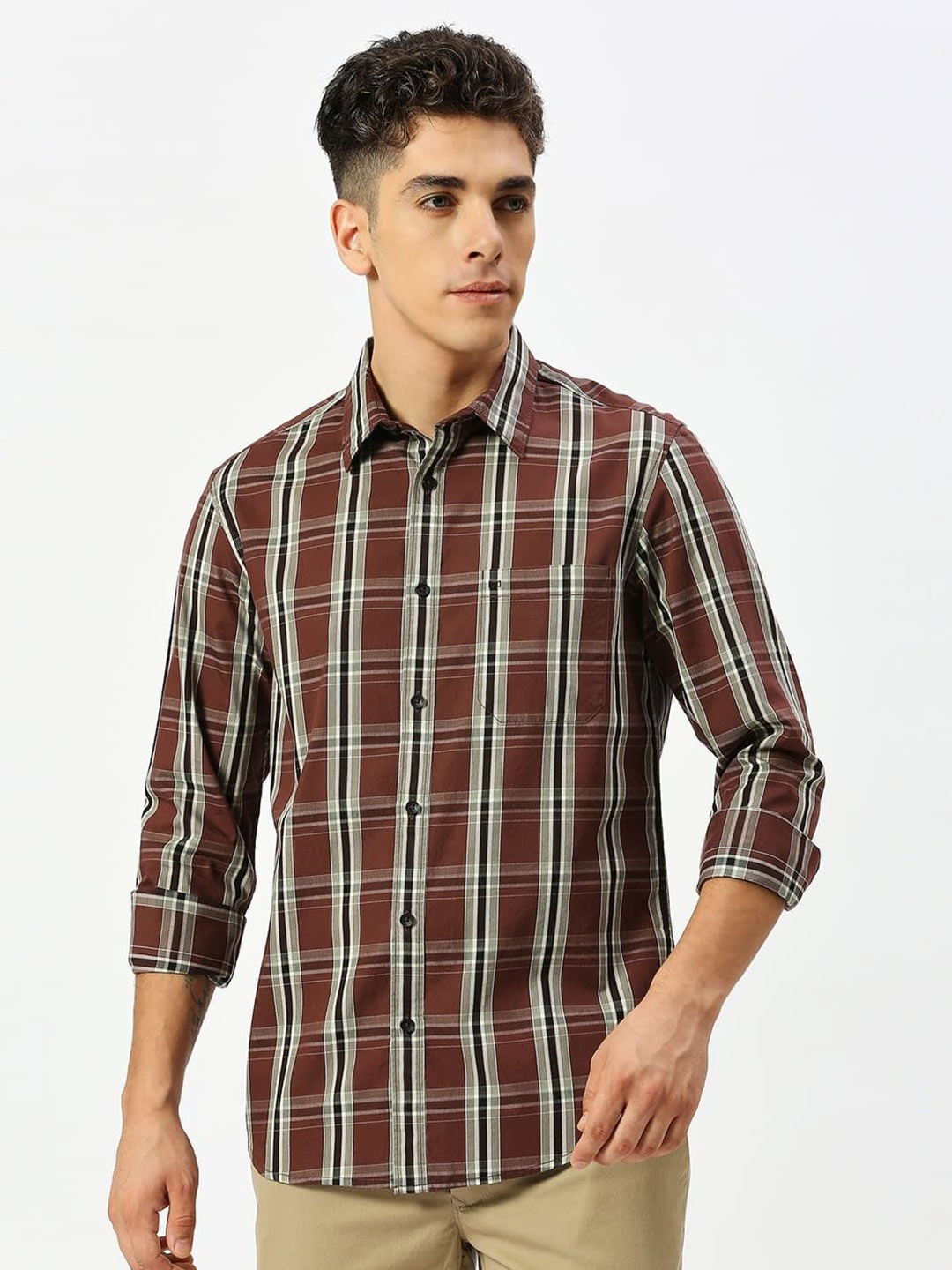 

Basics Men Slim Fit Tartan Checked Casual Shirt, Maroon