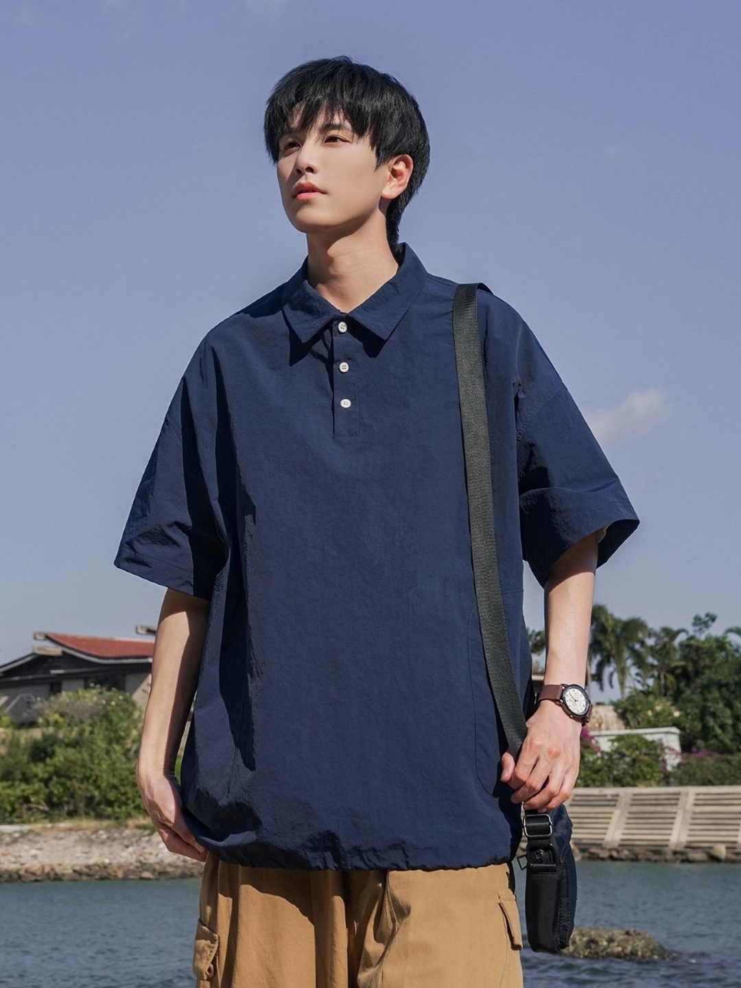 

HERE&NOW Men Solid Polo Collar Oversized T-shirt, Navy blue