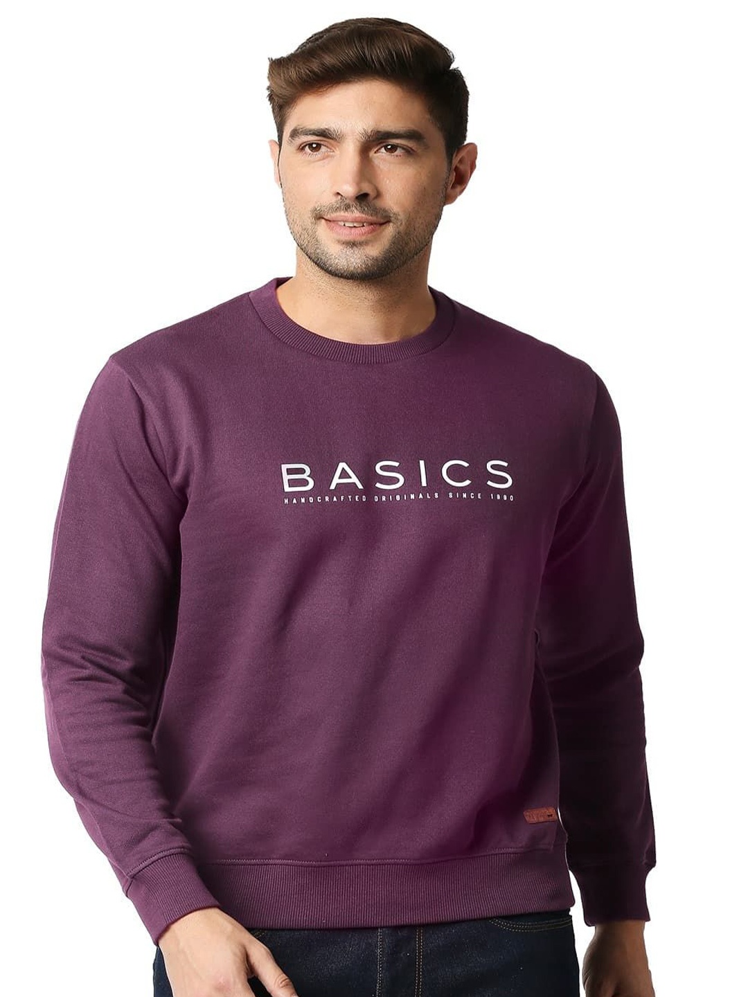 

Basics Men Typography Printed Pullover, Purple