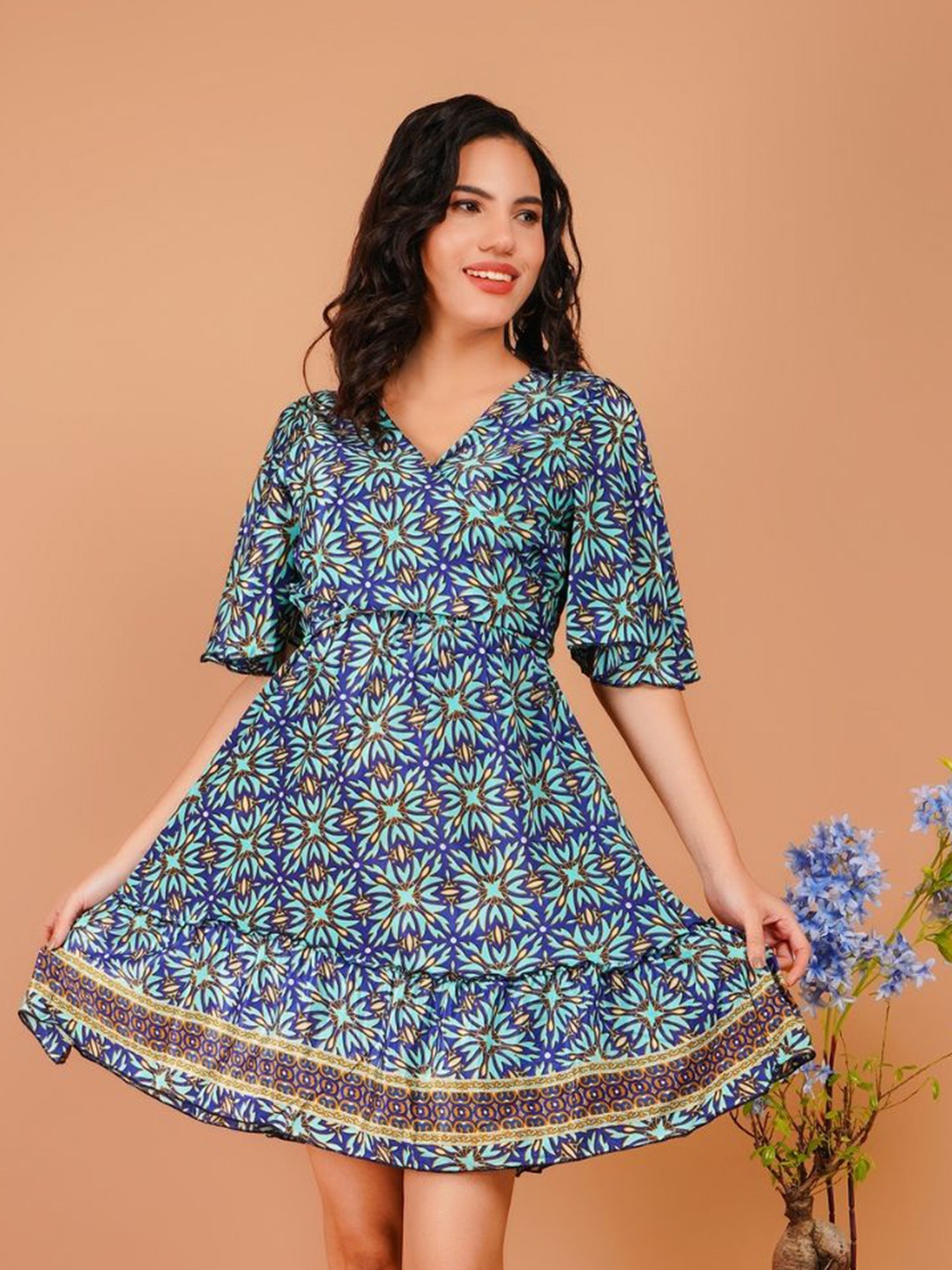 

Boholyfe Women Bohemian Printed A-Line Above Knee Dress, Blue