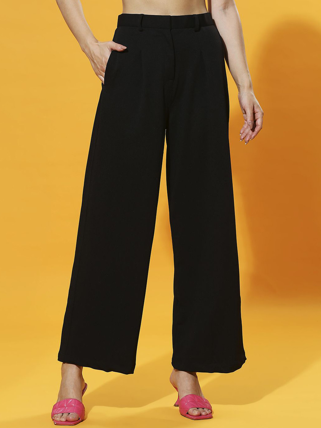 

HERE&NOW Women High-Rise Pleated Trousers, Black