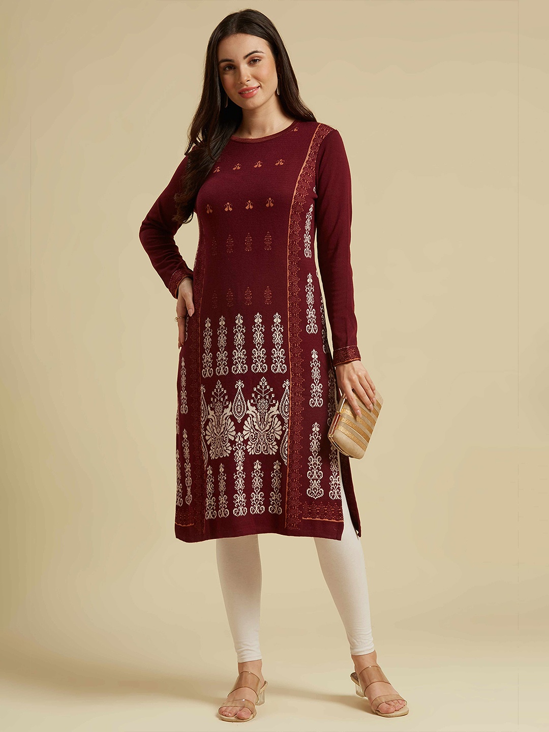

Peachmode Floral Woven Design Woollen Straight Kurta, Maroon