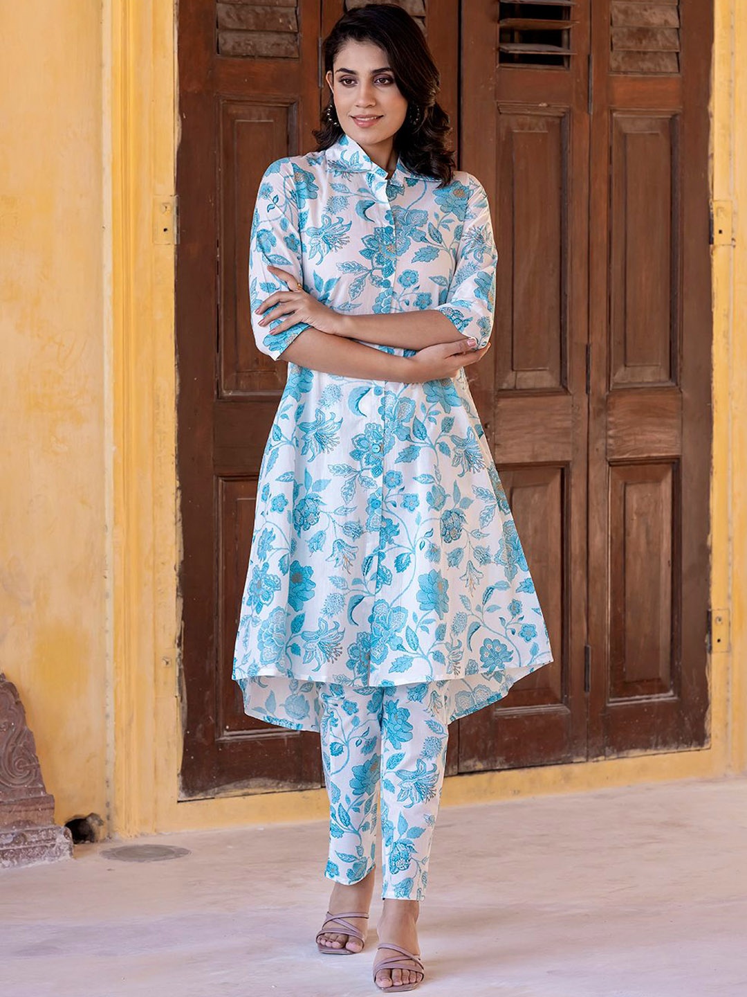 

KALINI Floral Printed Pure Cotton Tunic With Trouser, Blue