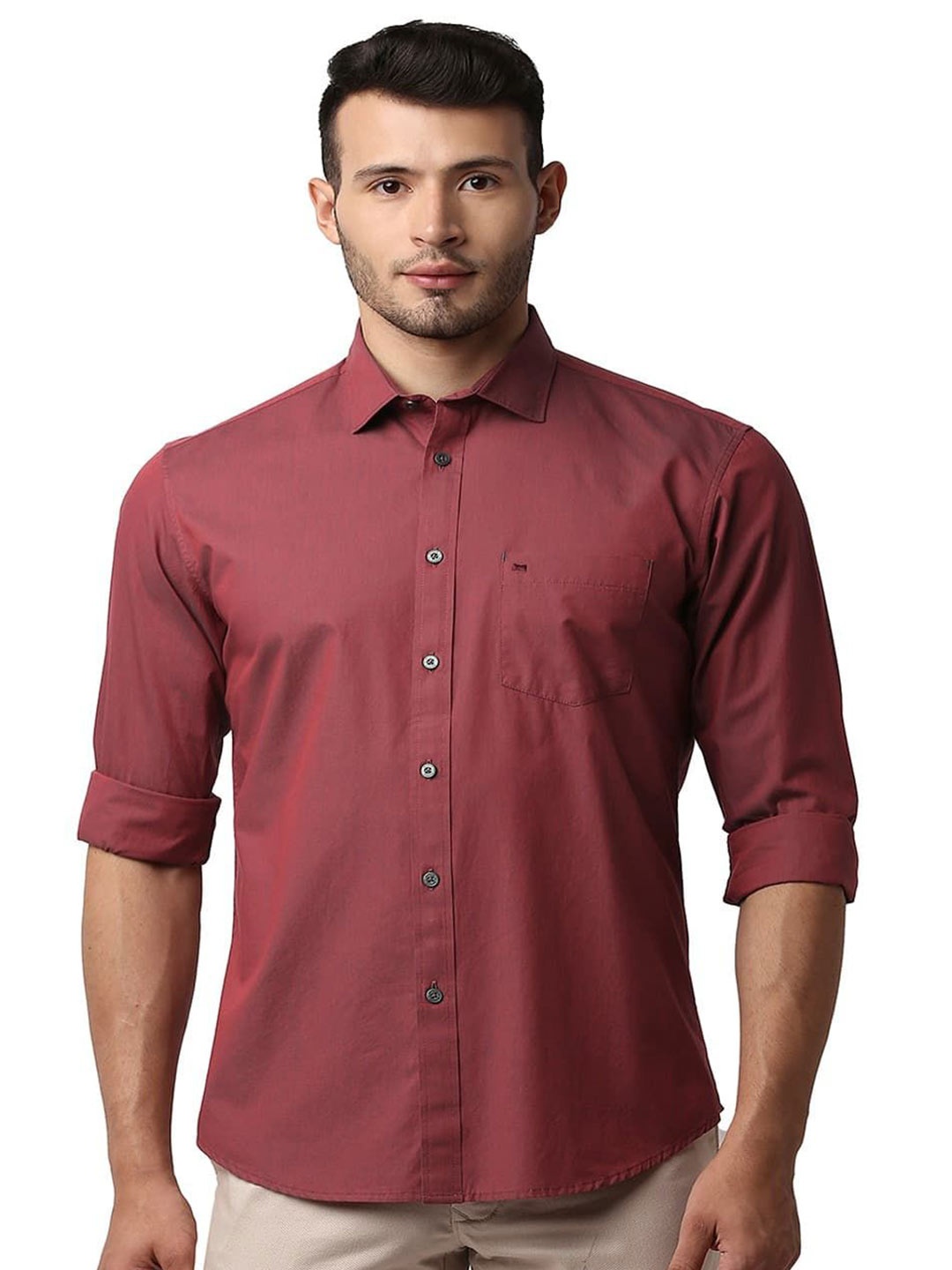 

Basics Men Slim Fit Solid Cotton Casual Shirt, Red