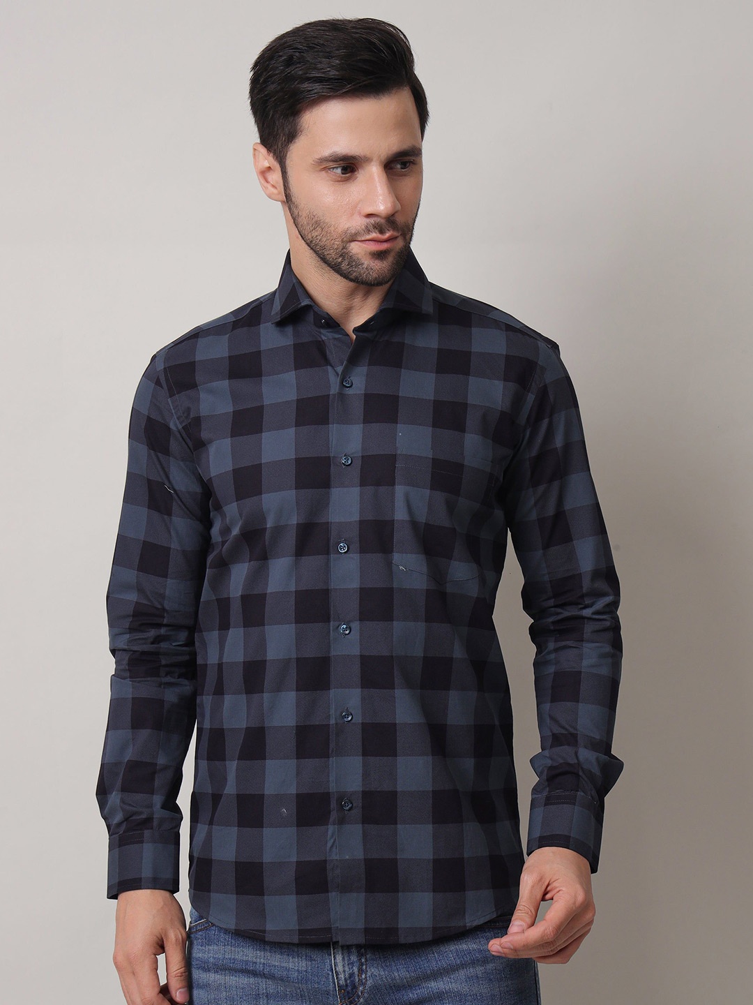 

John Philips Men India Slim Spread Collar Buffalo Checked Cotton Casual Shirt, Blue