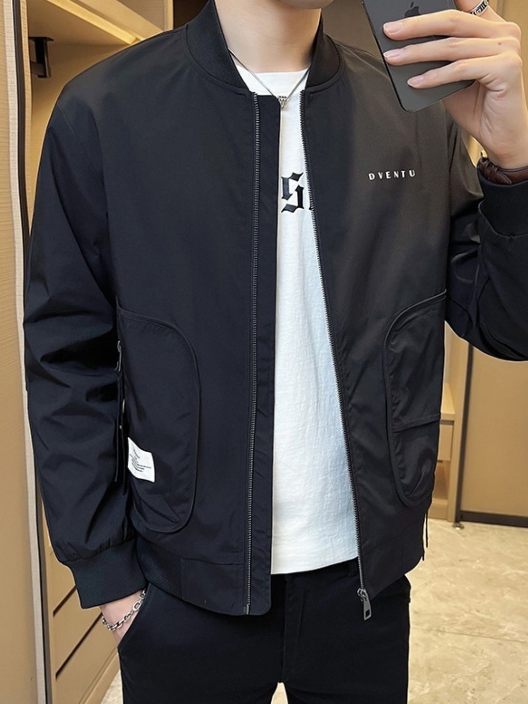 

HERE&NOW Men Stand Collar Solid Casual Bomber Jacket, Black