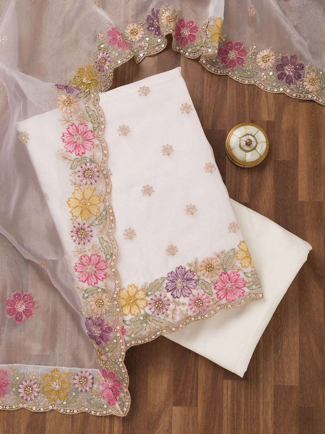 

Koskii Floral Embroidered Thread Work Unstitched Dress Material, White