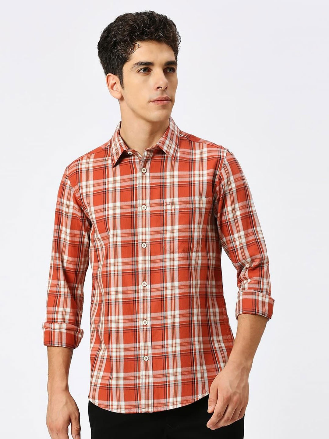 

Basics Men Slim Fit Tartan Checks Opaque Cotton Casual Shirt, Red