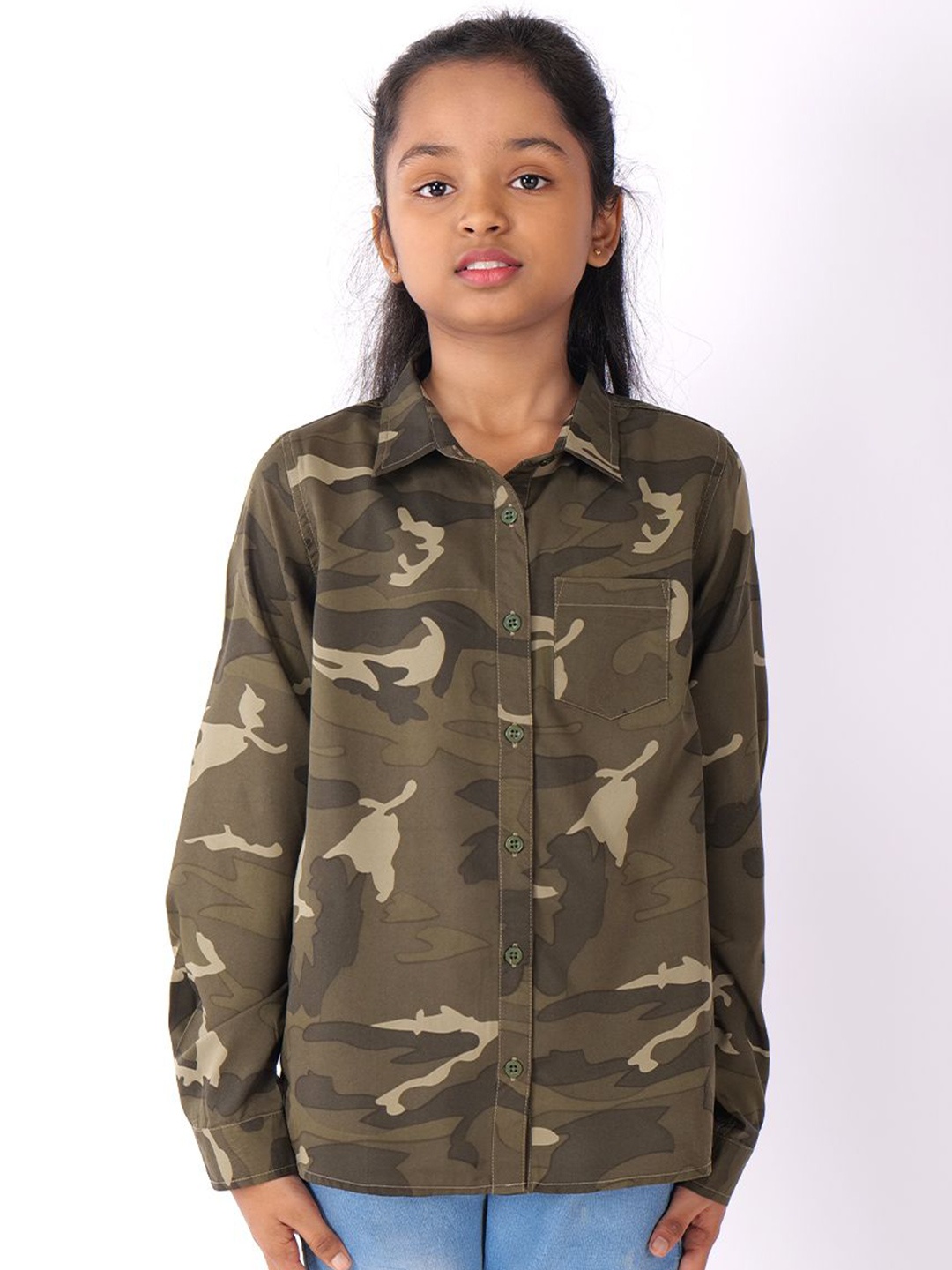 

CHARMGAL Girls Classic Spread Collar Camouflage Printed Casual Shirt, Olive