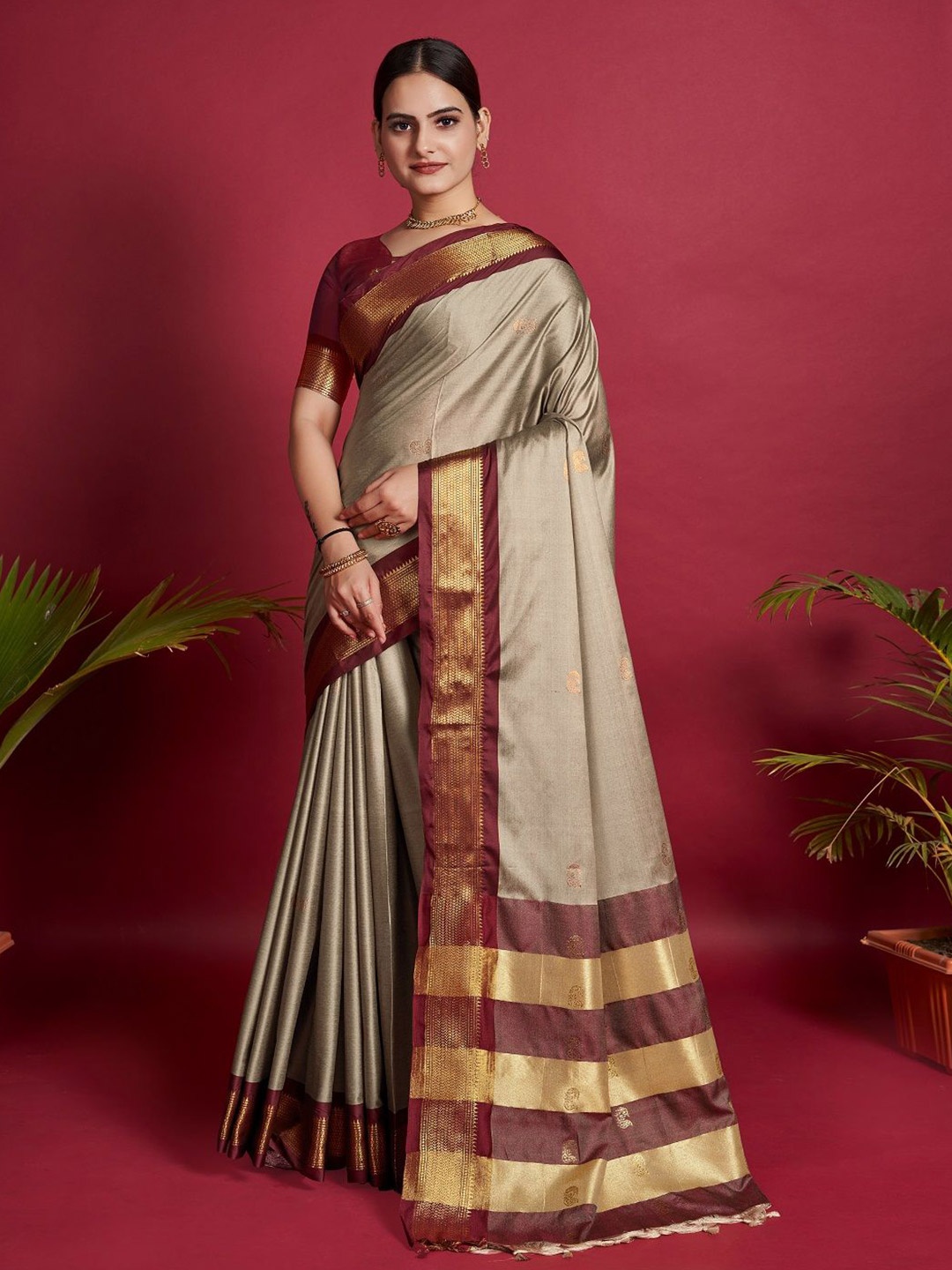 

SHOBHA SAREES Woven Design Zari Pure Silk Kanjeevaram Saree, Beige