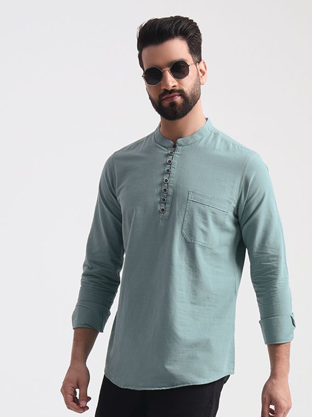 

ENSPYR Men Mandarin Collar Solid Cotton Casual Shirt, Green