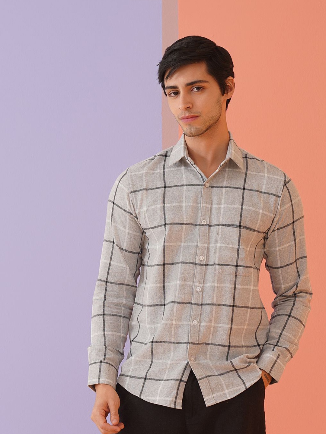 

Indian Needle Men Classic Spread Collar Windowpane Checked Cotton Casual Shirt, Grey