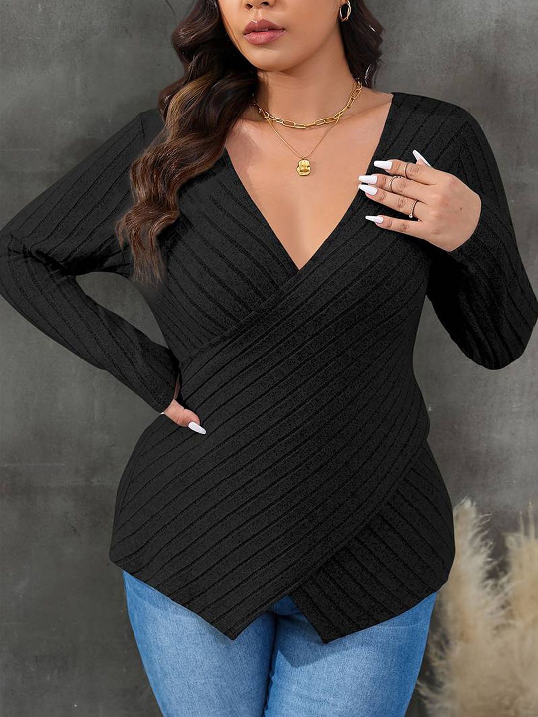 

JC Mode Striped Wrap Top, Black