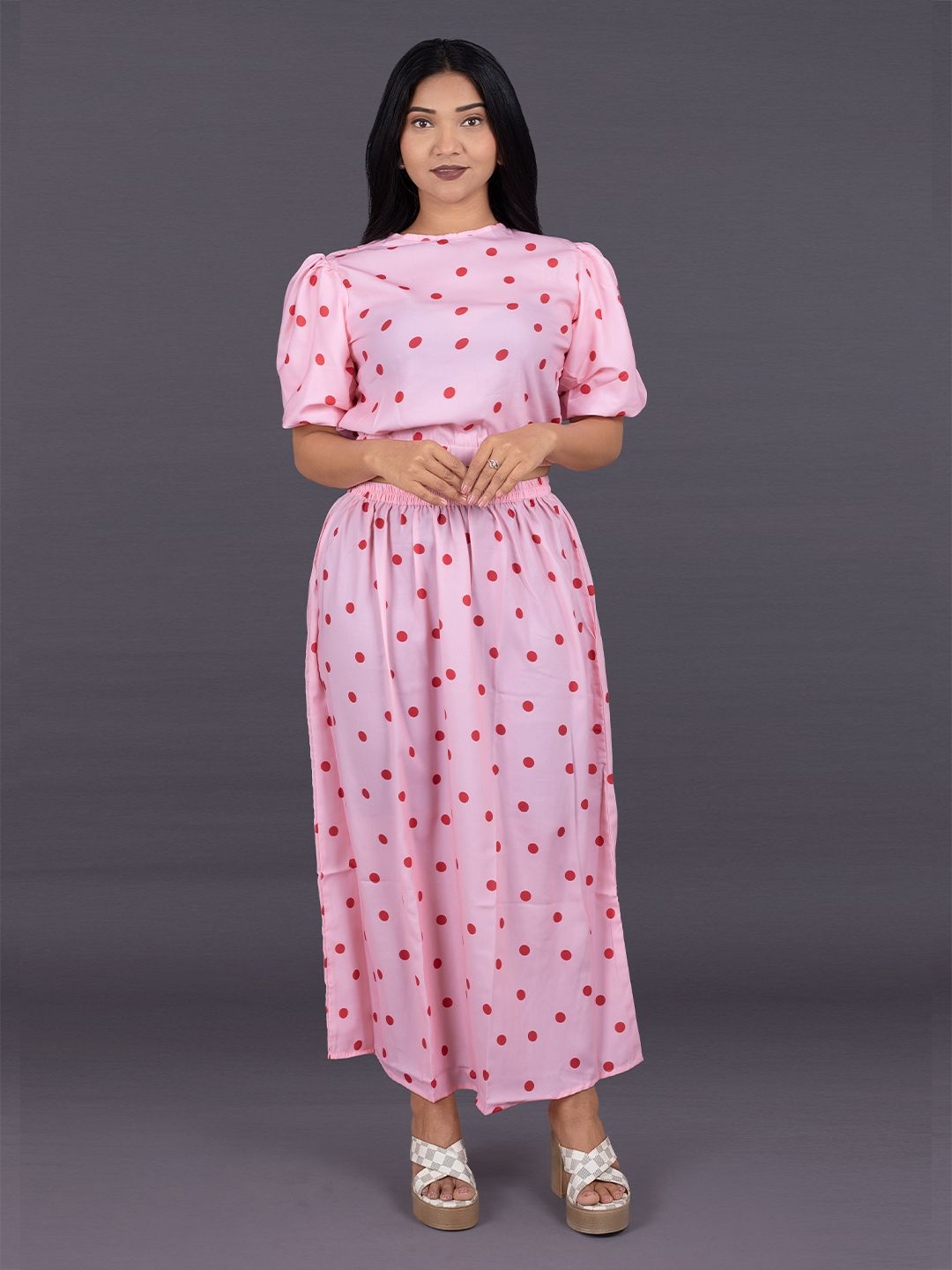 

La Aimee Polka Dot Print Puff Sleeve A-Line Maxi Dress, Pink