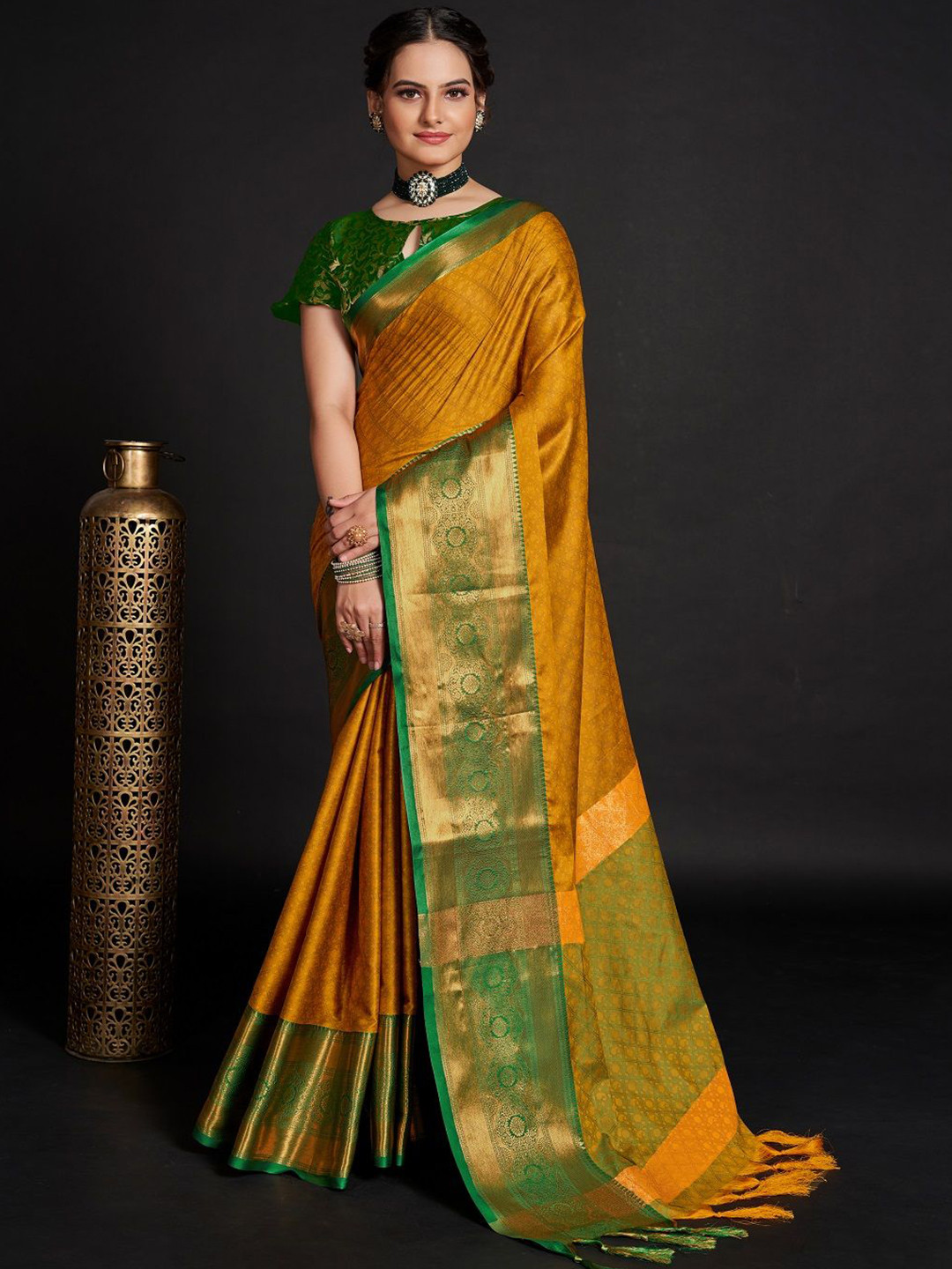 

SHOBHA SAREES Ethnic Motifs Zari Pure Silk Banarasi Saree, Mustard