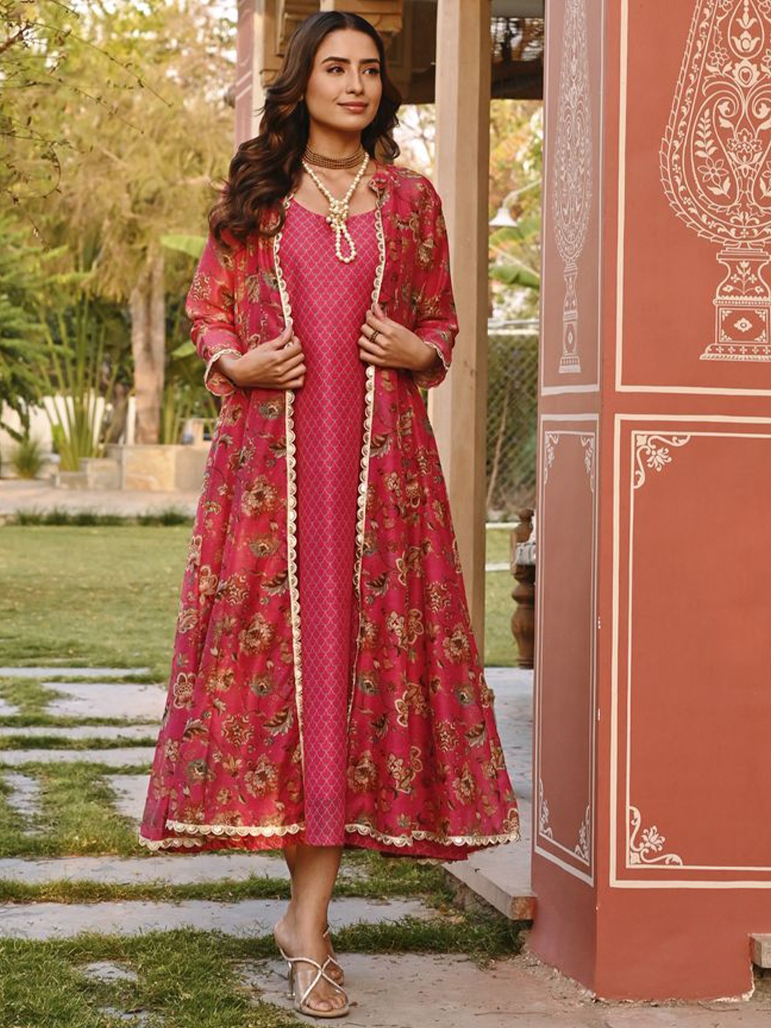 

KARAJ JAIPUR A-Line Ethnic Dress With Floral Printed Shrug, Pink