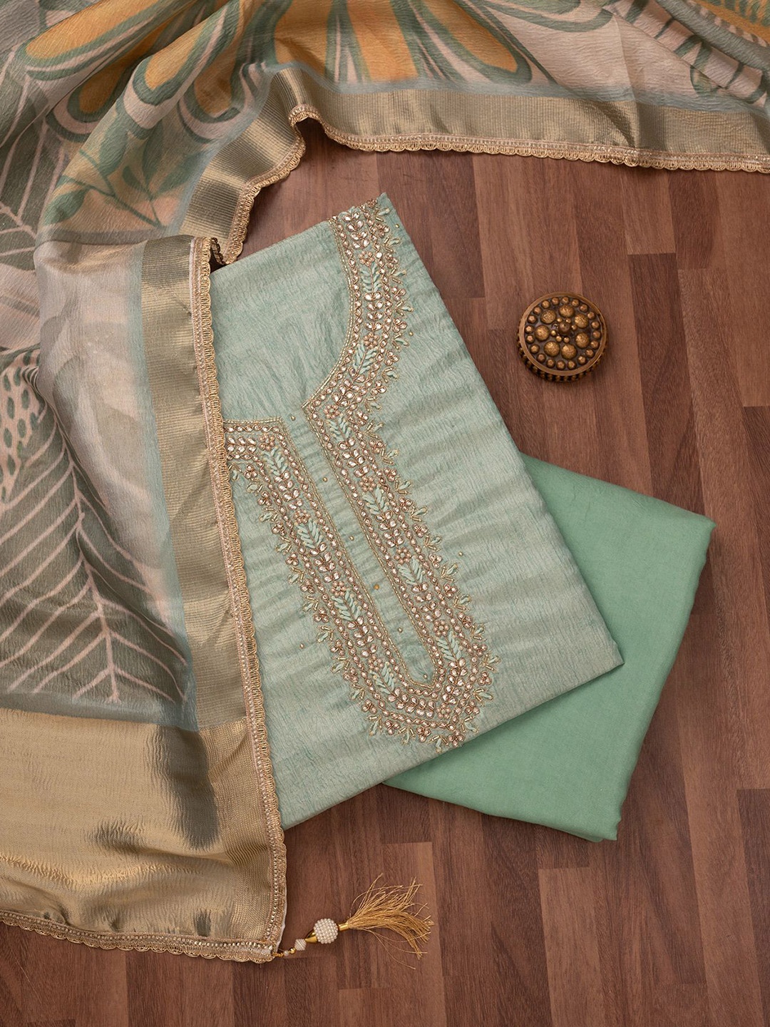 

Koskii Ethnic Motifs Embellished Beads and Stones Art Silk Unstitched Dress Material, Green