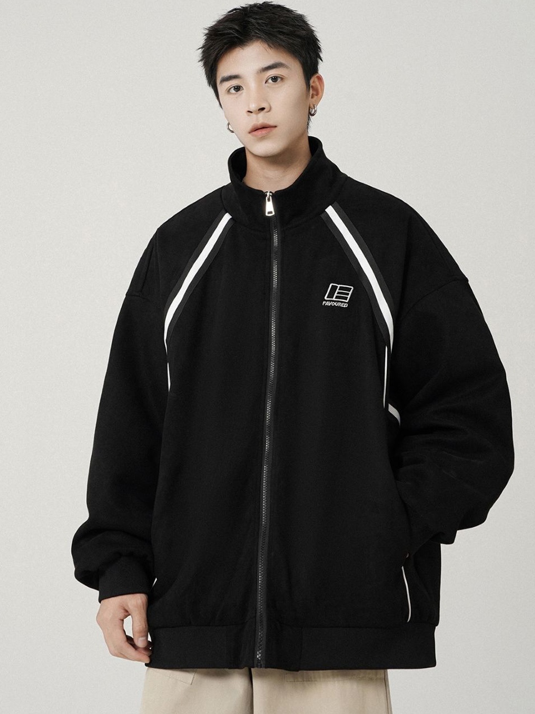 

HERE&NOW Men Mock Collar Typography Printed Casual Bomber Jacket, Black