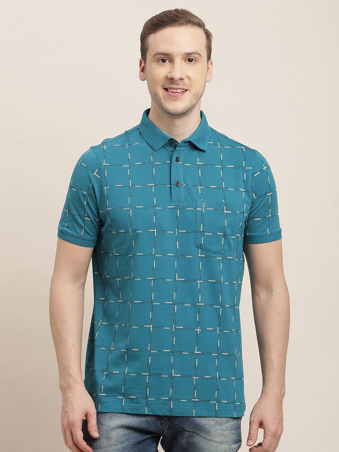 

Turtle Men Checked Polo Collar Pure Cotton Slim Fit T-shirt, Teal