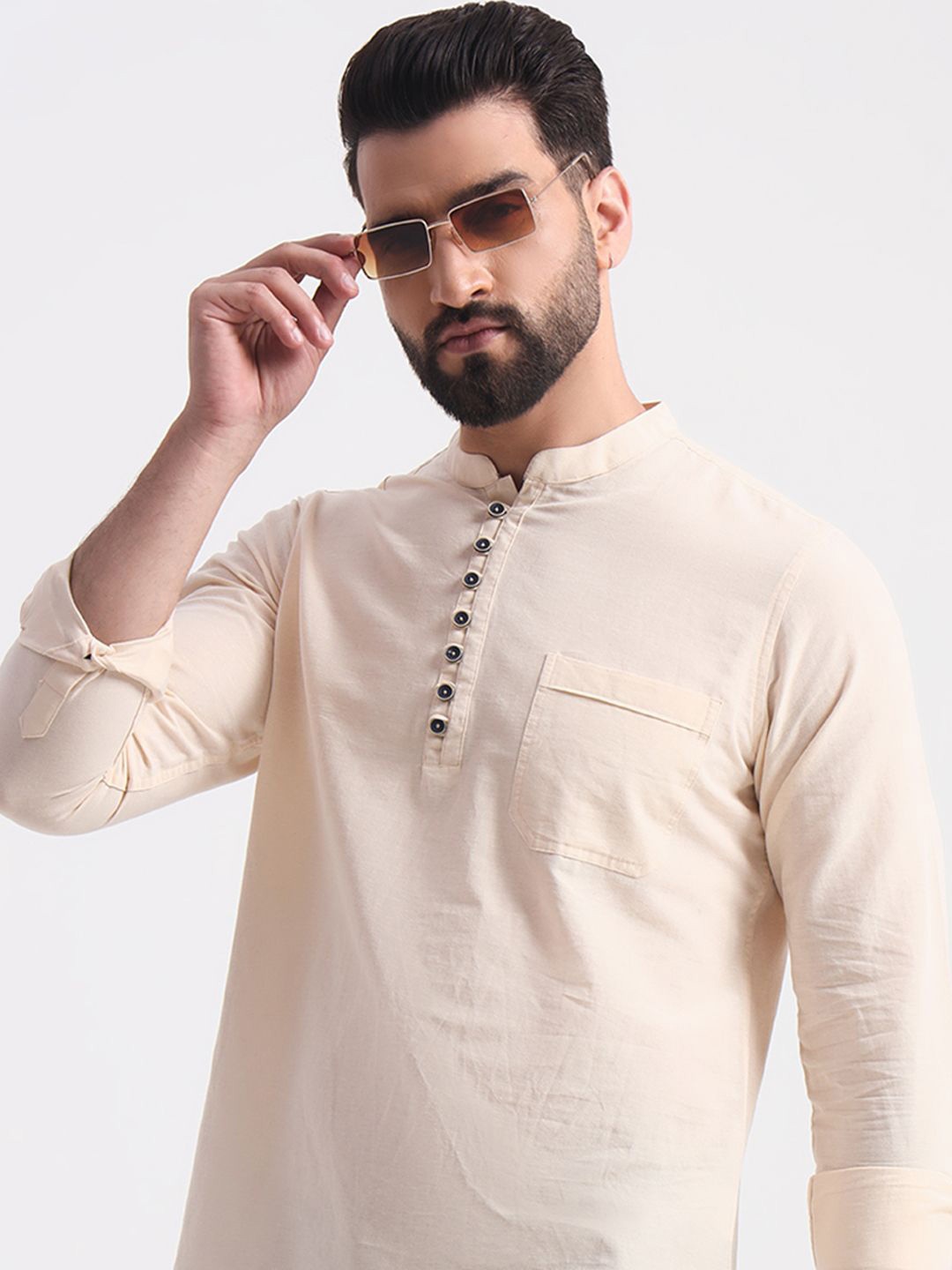 

ENSPYR Men Mandarin Collar Solid Cotton Casual Shirt, Beige