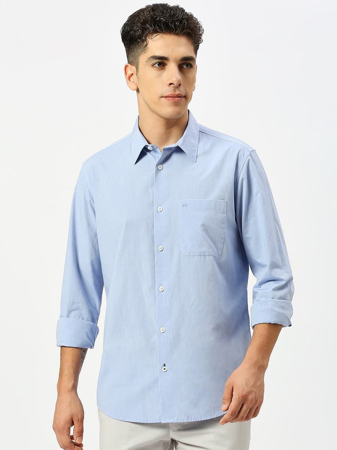 

Basics Men Solid Opaque Long Sleeves Casual Shirt, Blue