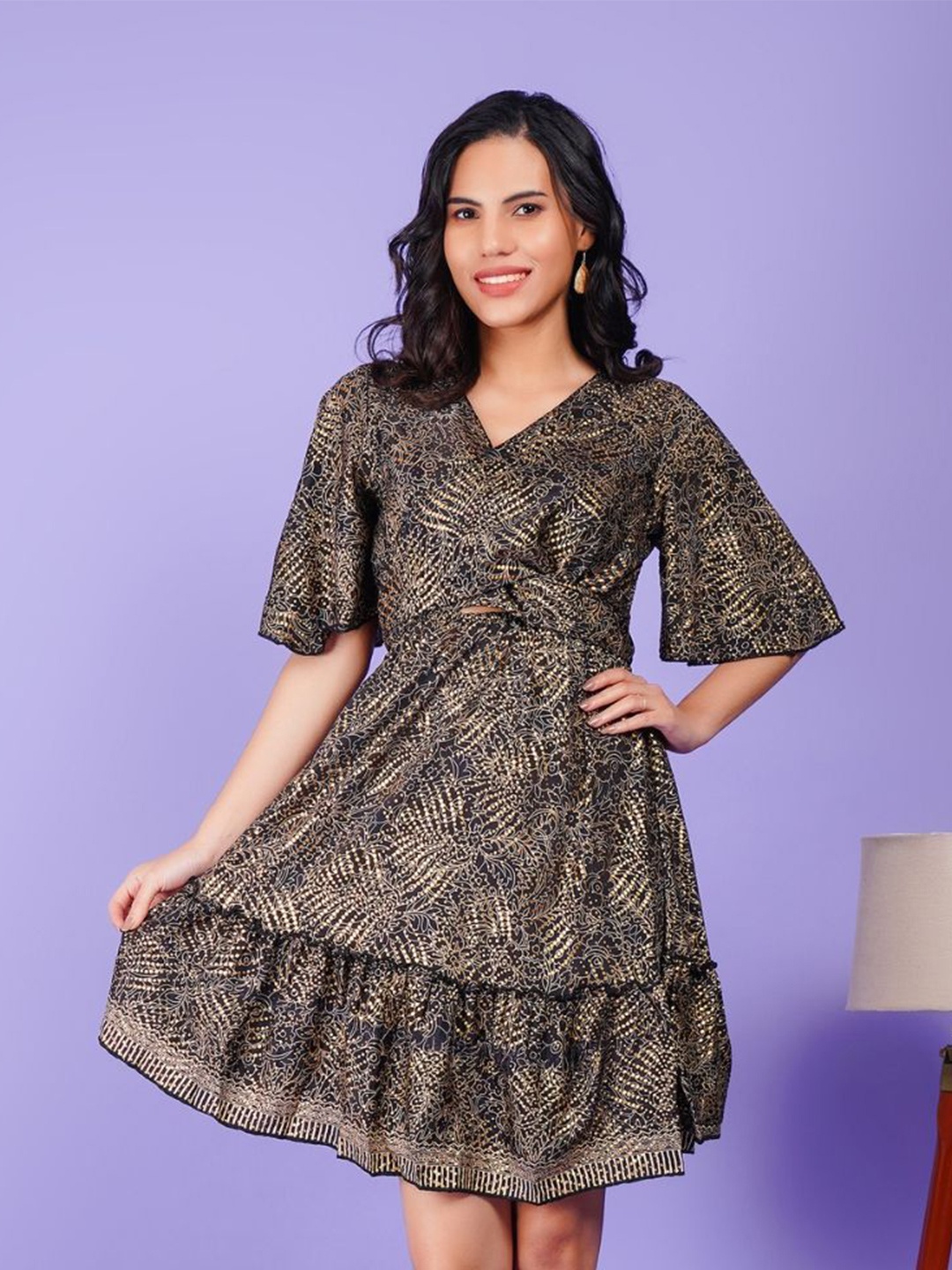 

Boholyfe Women Bohemian Print Flared Sleeve A-Line Dress, Black