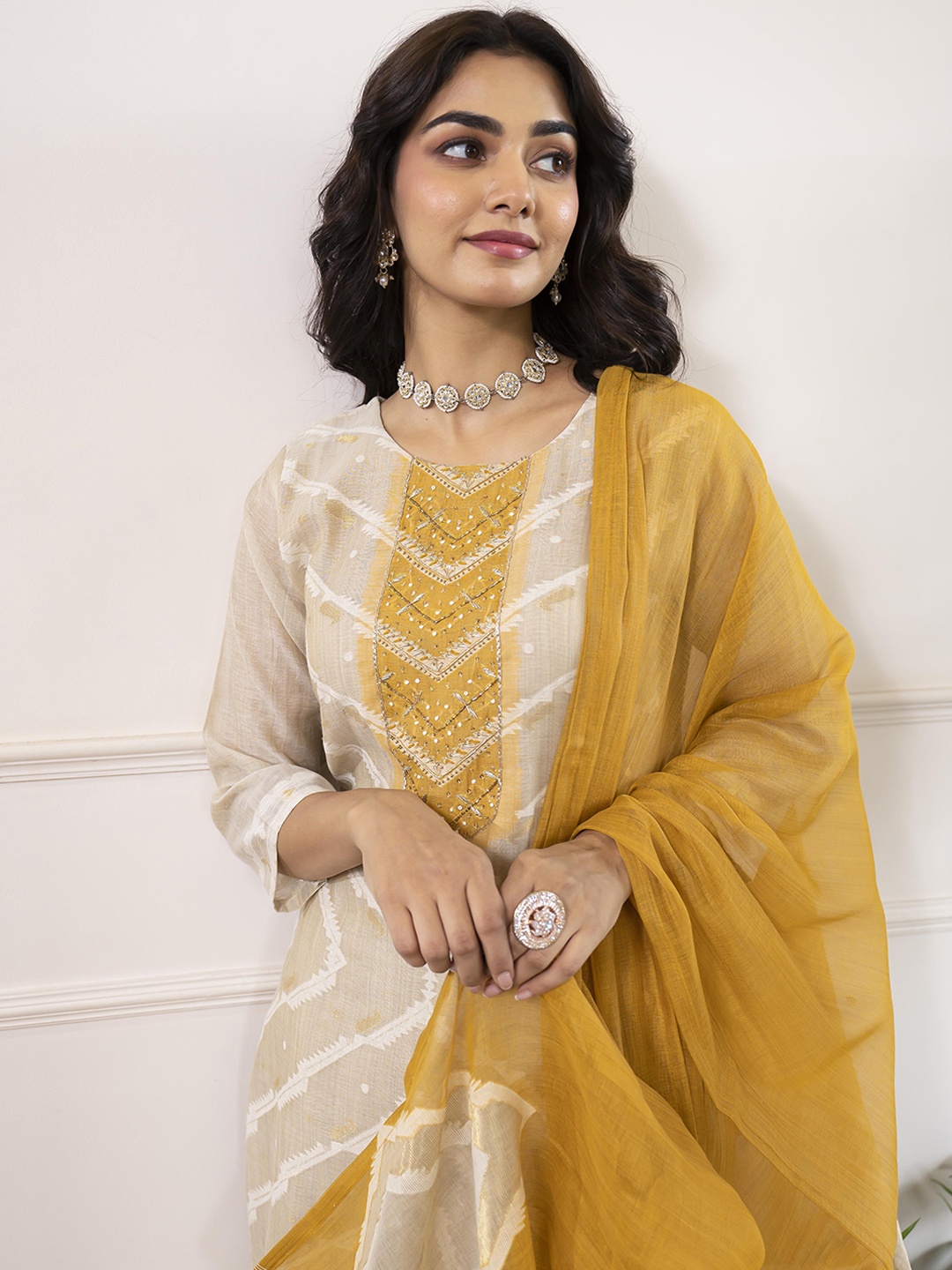 

Anouk Mustard Yellow Ethnic Motifs Embroidered Pure Cotton Kurta With Trousers & Dupatta, Off white