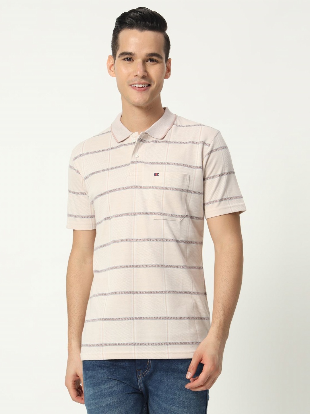 

TAB91 Men Striped Polo Collar Cotton T-shirt, Brown